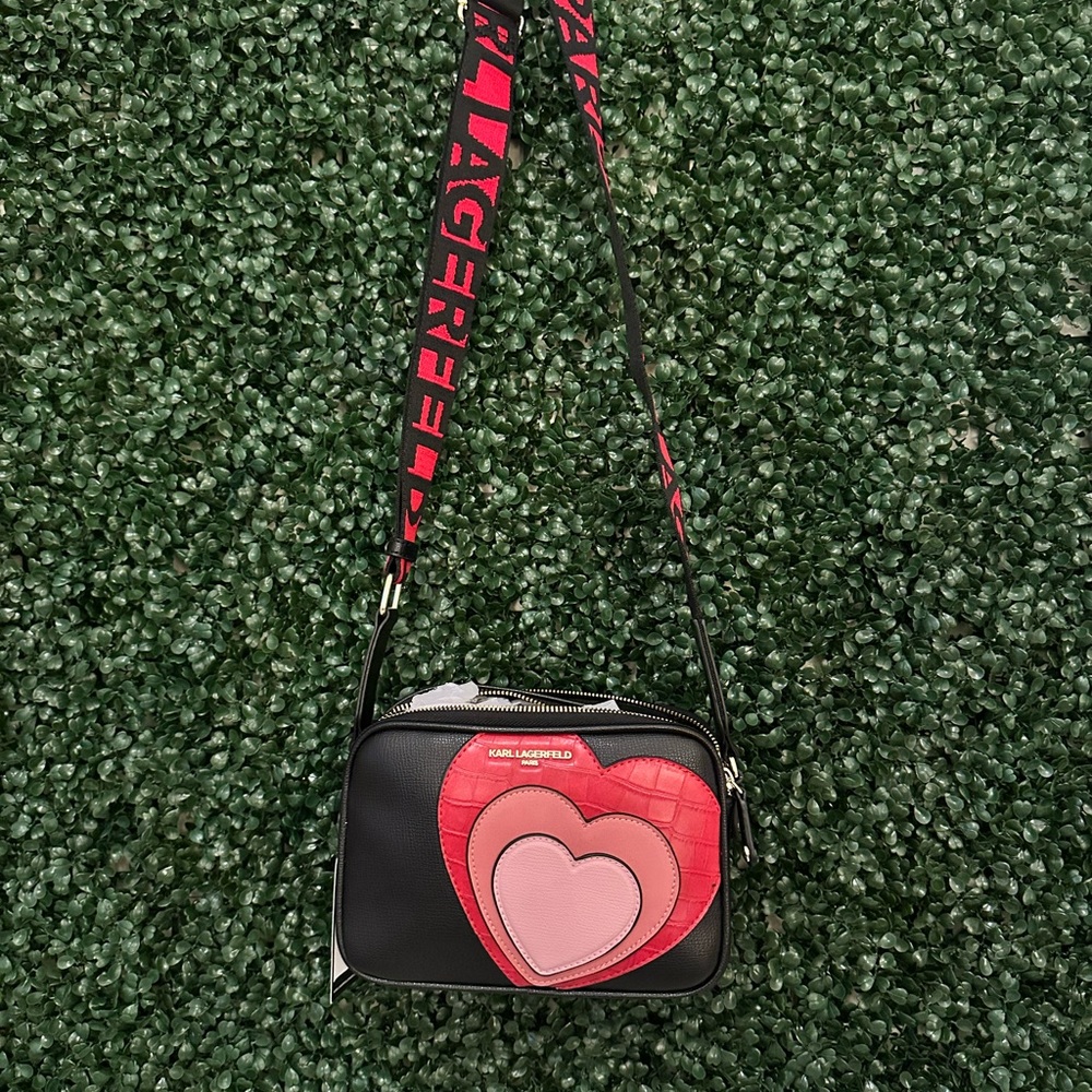 Karl Lagerfeld PARIS Maybelle Embroidered Heart Vegan Leather Logo Crossbody Bag